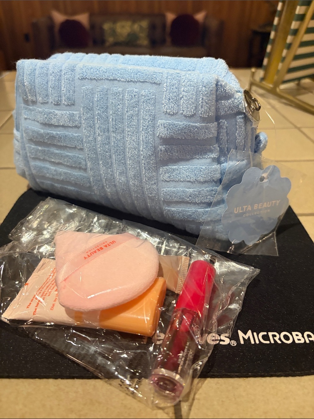 Ulta Beauty Light Blue Textured Cosmetic Pouch with Mini Makeup Kit NWT